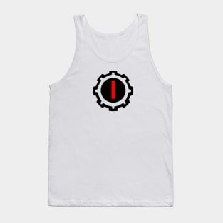 Red Letter I in a Black Industrial Cog Tank Top